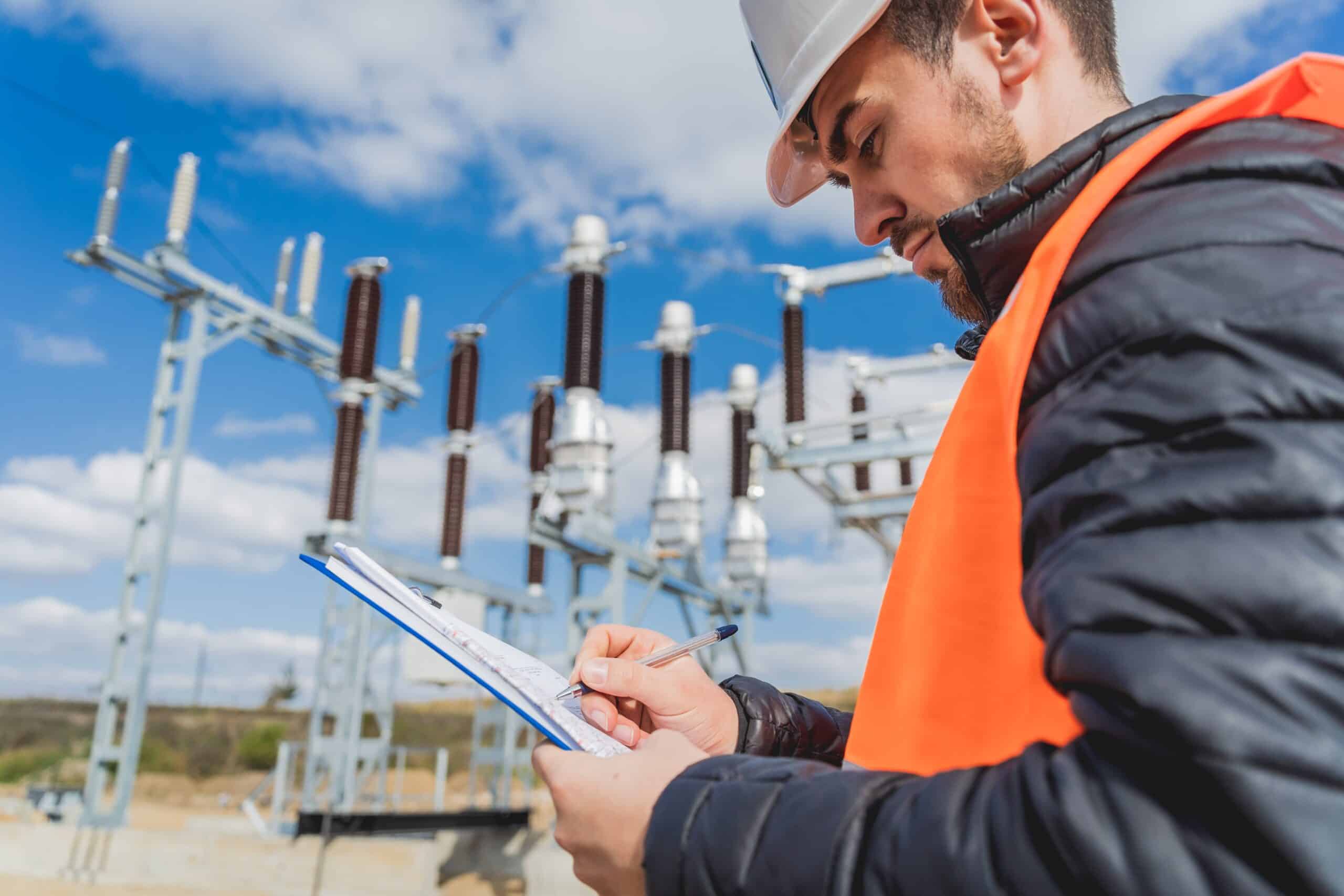 High-voltage electrical technician inspecting power grid equipment outdoors under blue sky for renewable energy and electrical infrastructure maintenance.