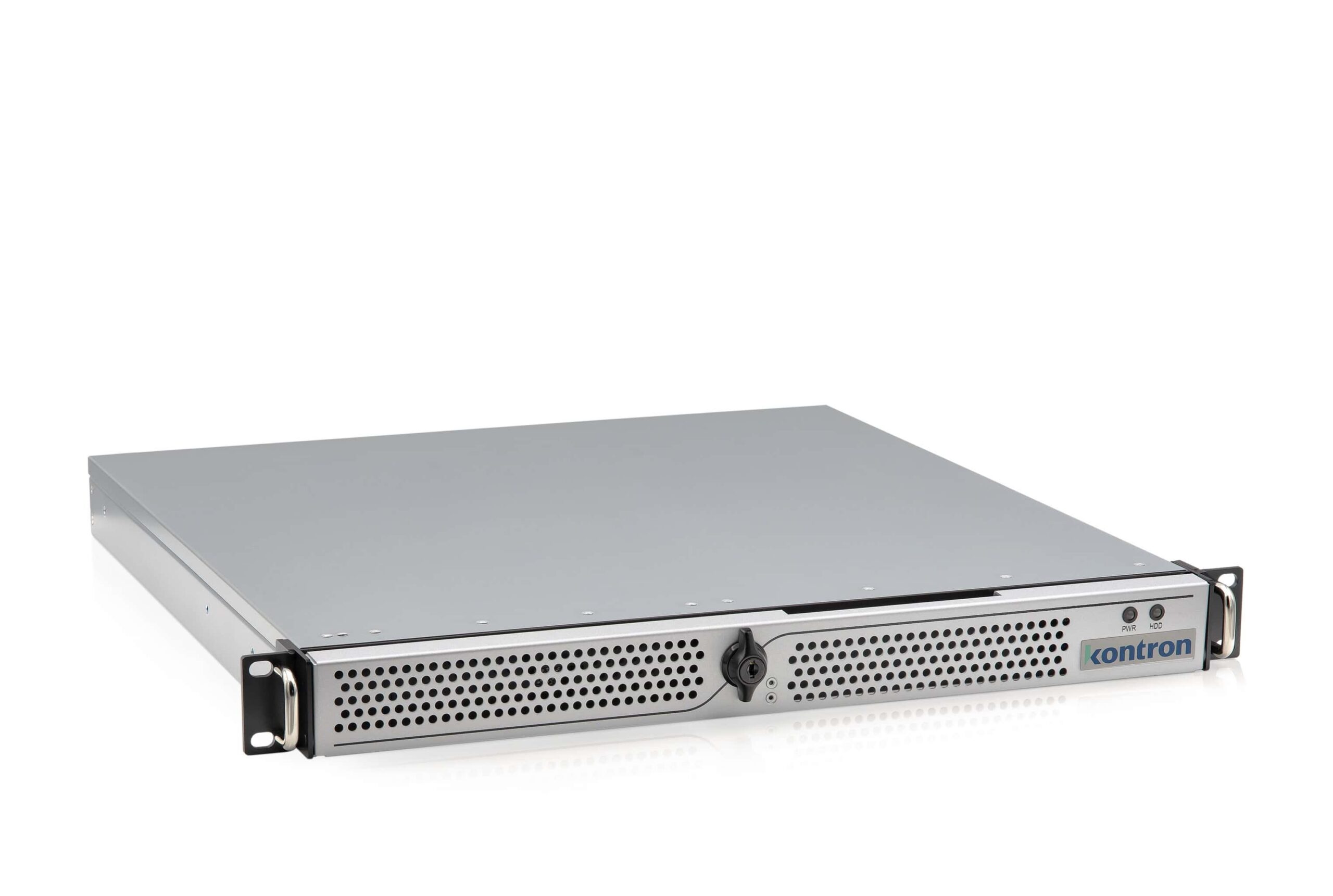 High-performance server rack with cooling vents, used for data hosting and IT infrastructure. Durable metal construction, front view, with Kontron branding, ideal for enterprise data centers.