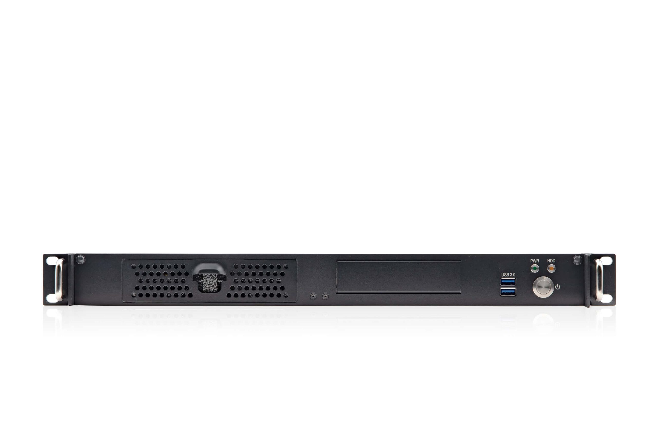 High-performance server rack with cooling vents, USB ports, power button, and HDD indicator lights for reliable data hosting.