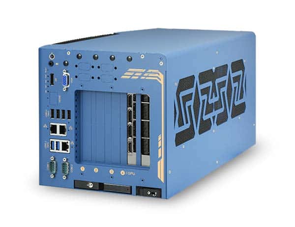 High-performance blue computing server with multiple I/O ports, PCIe slots, and cooling vents, designed for enterprise data processing and virtualization.