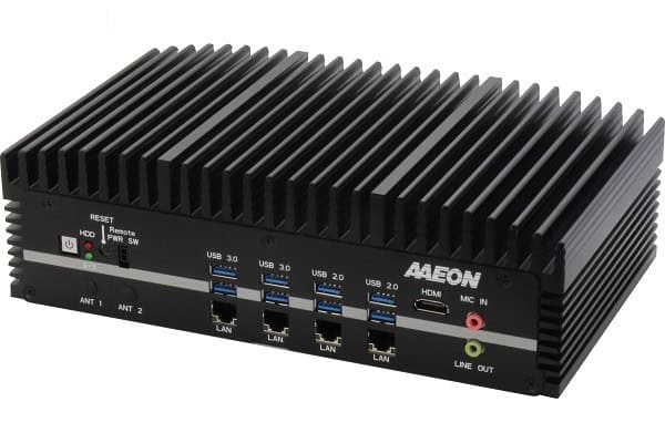 AESON industrial computer with heat sink cooling system, multiple USB ports, LAN connections, HDMI output, and microphone and line out jacks for versatile connectivity.
