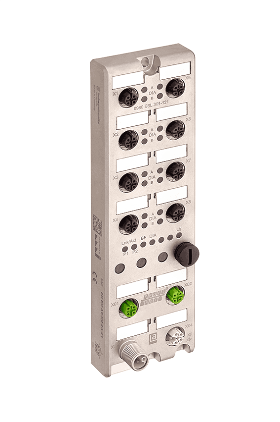 Power supply and control module for industrial equipment, featuring multiple connection ports and adjustment controls for precise automation and wiring management.