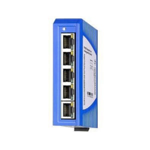 RJ45 ethernet switch with multiple ports in a blue plastic casing for network connectivity.