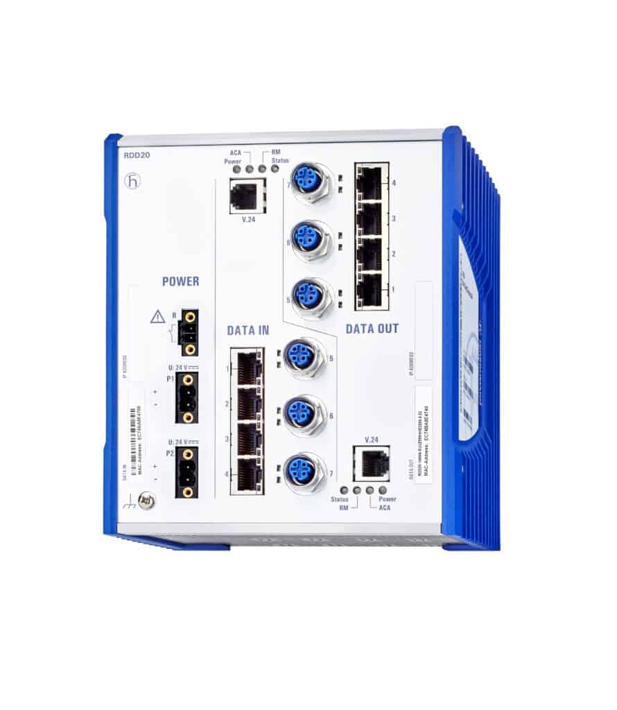 Industrial automation controller for Recab solutions with multiple data ports and power connections for reliable automation systems.