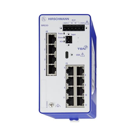 Hirschmann Recab industrial ethernet switch with multiple ports and power input for reliable network connectivity in automation systems.