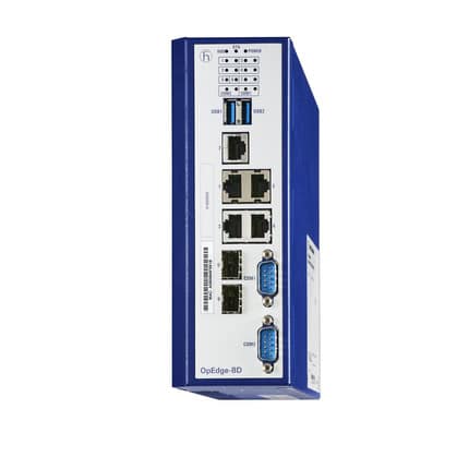 Industrial automation device with Ethernet and serial ports for Recab systems, used in manufacturing and control applications.