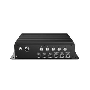 - Rugged black car amplifier with multiple input and output connections for vehicle audio systems.