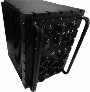 High-performance industrial recab for rugged environments with multiple connectors and controls, optimized for audio, video, and data transmission.