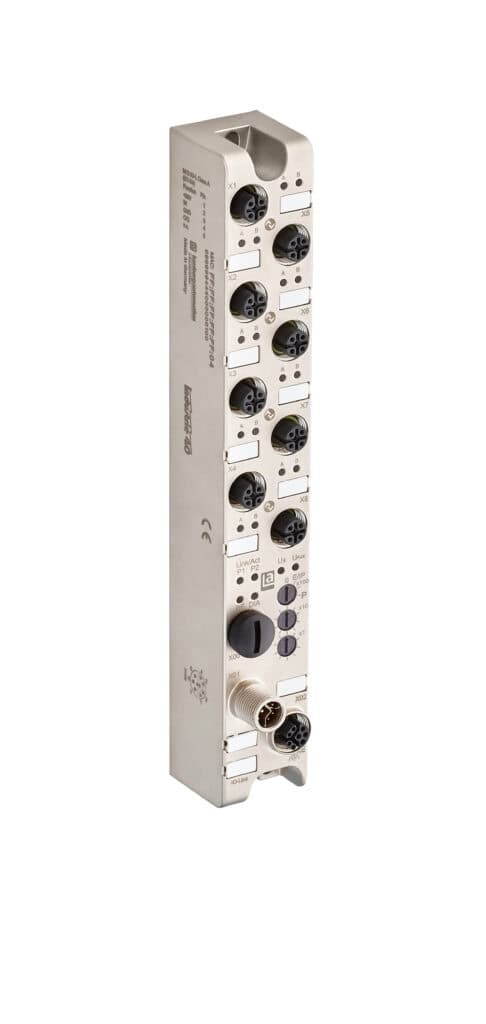 Remote I/O module for industrial automation and control systems. Compact design with multiple connection ports for easy integration and reliable data communication in automation setups.