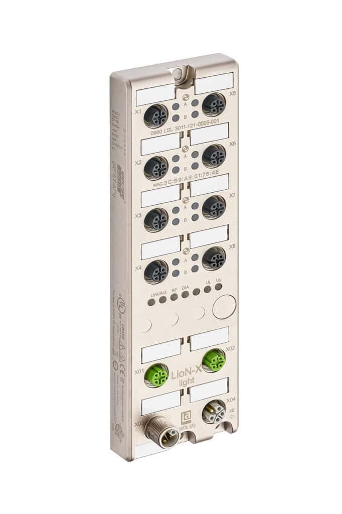 Multi-port industrial communication module with Ethernet ports and LED indicators for efficient data transfer and network management.