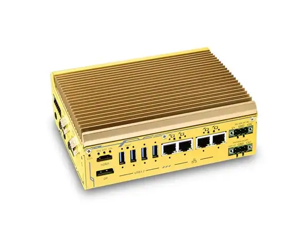 High-power industrial computer with heat sink, featuring multiple USB ports, Ethernet connections, and robust design for harsh environments, ideal for automation, IoT, and embedded applications.