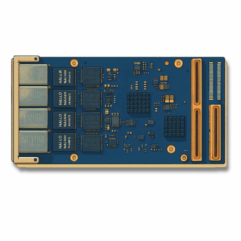 A close-up of a modern SSD with sleek blue circuit board and gold accents, showcasing advanced storage technology for high performance and reliability.
