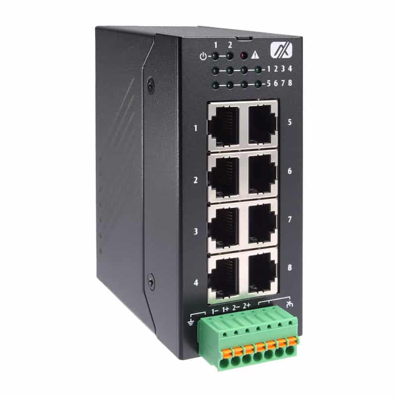 Compact industrial Ethernet switch with 4 ports, LED indicators, and terminal block for reliable network connectivity in automation and control systems.