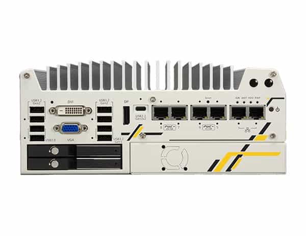 1. Industrial embedded computer system with multiple ports including USB, VGA, Ethernet, and PCI slots, used for automation and control applications.