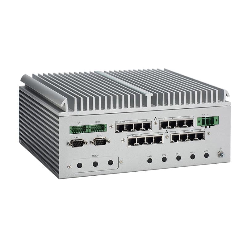 Industrial router with multiple Ethernet ports, DIN rail mounting, heat sink, and rugged design for reliable network connectivity in demanding environments.