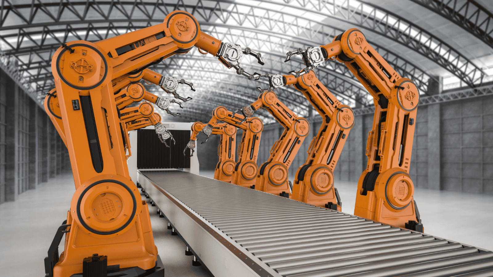 Robotic arms manufacturing industrial automation factory floor for advanced robotics and production technology.