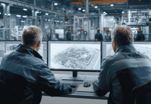 Engineer-team-discusses-model-during-project-meeting-in-modern-workspace