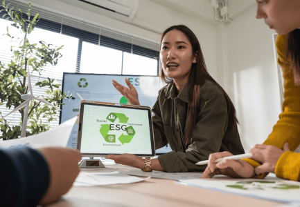 business leaders meeting ESG strategize on sustainable environmental practices